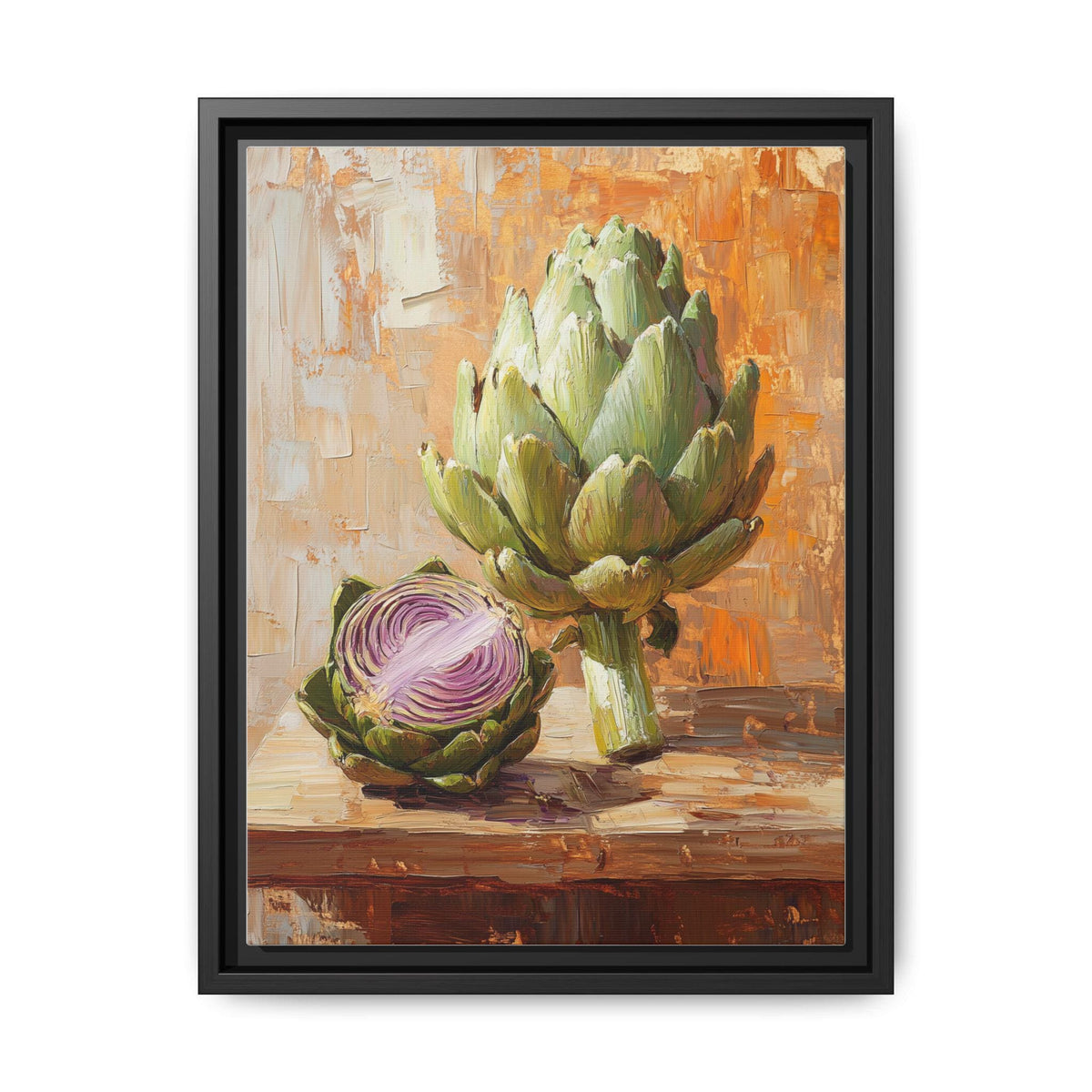 Artichoke wall art framed canvas print in a black wood frame