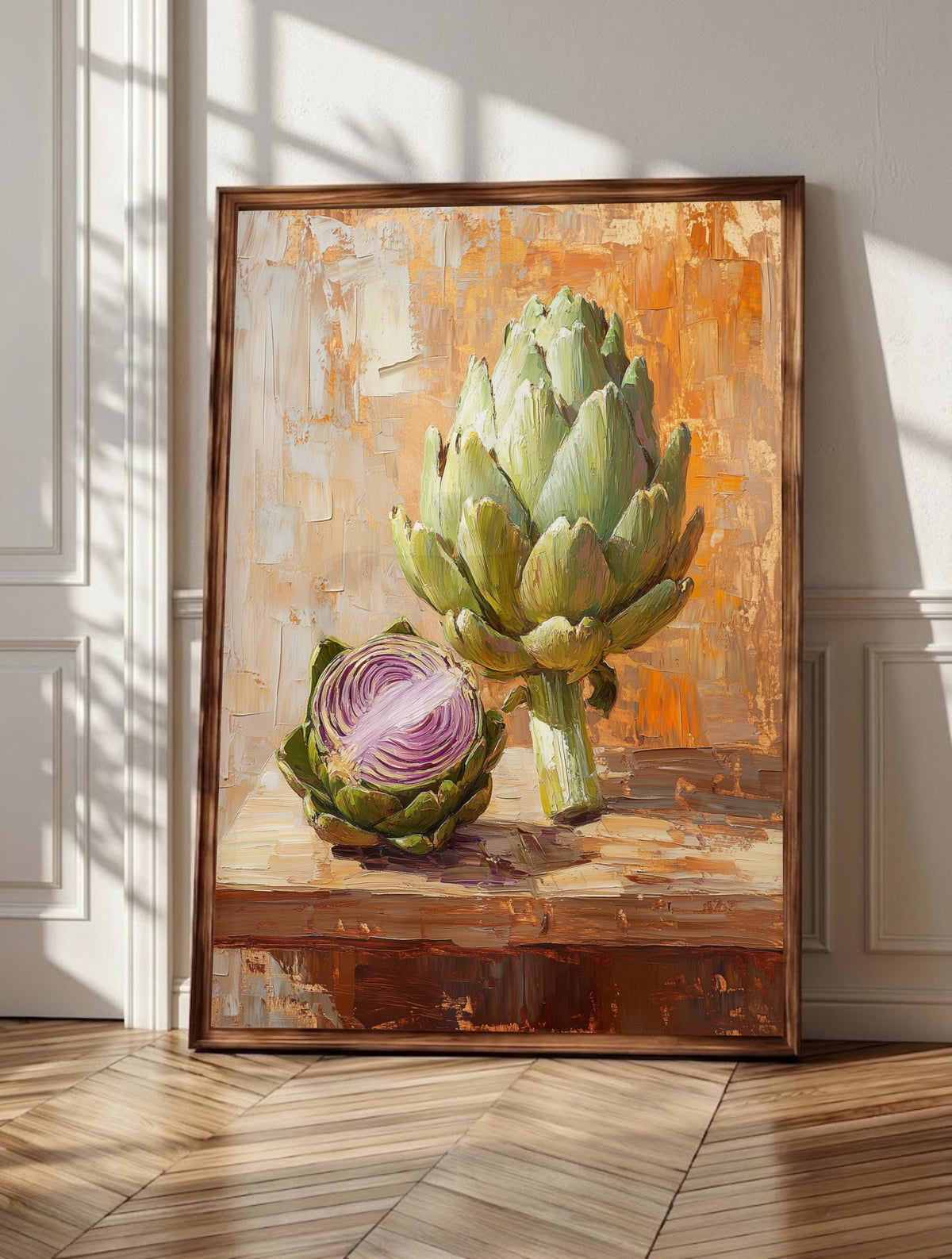 Artichoke wall art: a whole globe artichoke beside its halved twin on warm wood, framed canvas