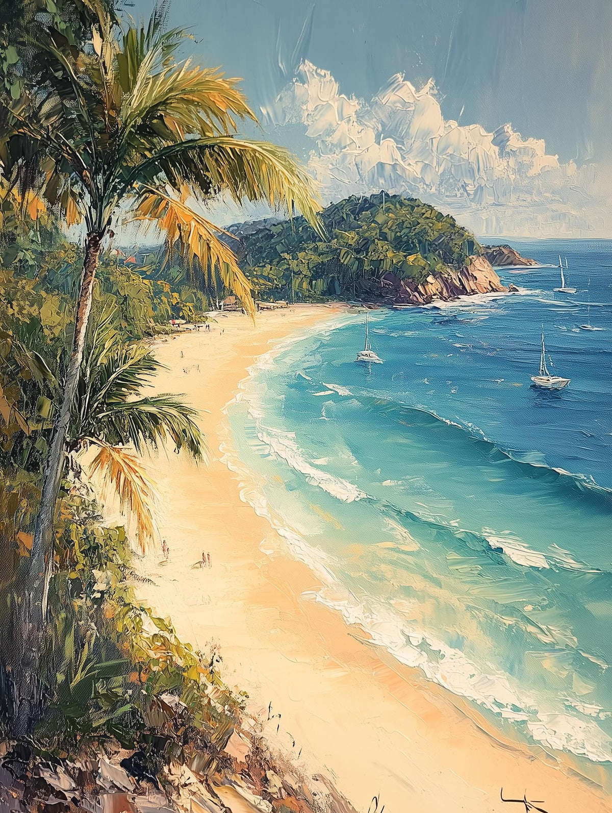 Painterly Noosa canvas print with turquoise waves rolling toward anchored boats