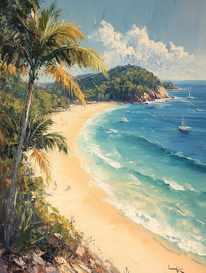 Painterly Noosa canvas print with turquoise waves rolling toward anchored boats