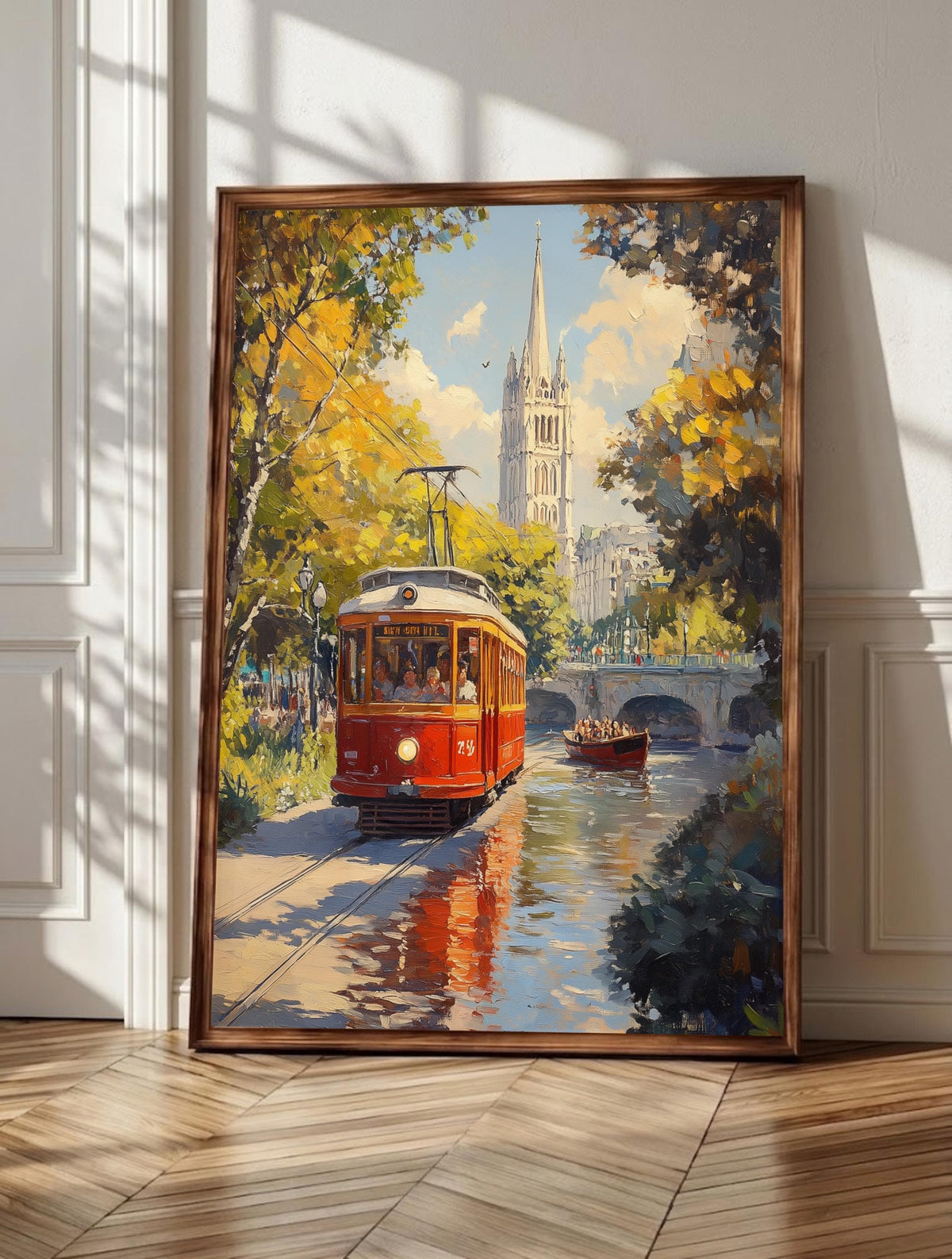 Christchurch wall art: a red heritage tram crossing Cathedral Square, framed canvas print