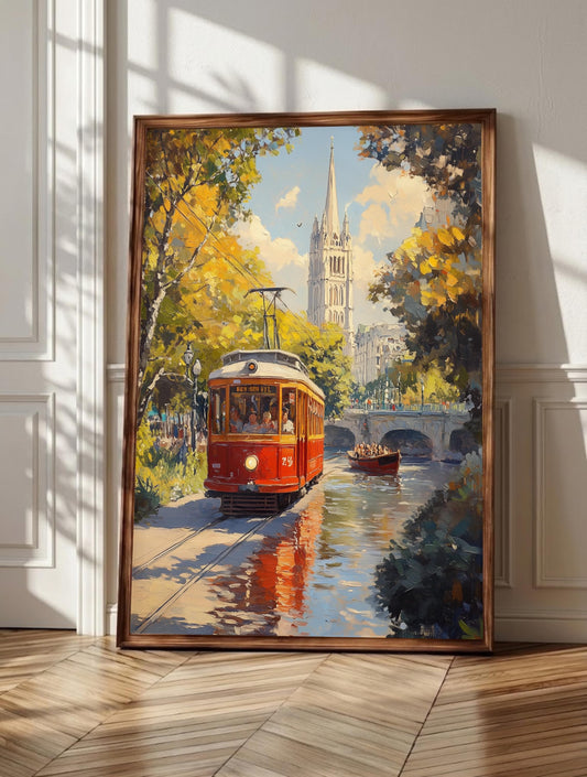 Christchurch wall art: a red heritage tram crossing Cathedral Square, framed canvas print