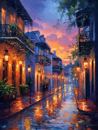 Painterly French Quarter canvas print with iron balconies and trailing ferns