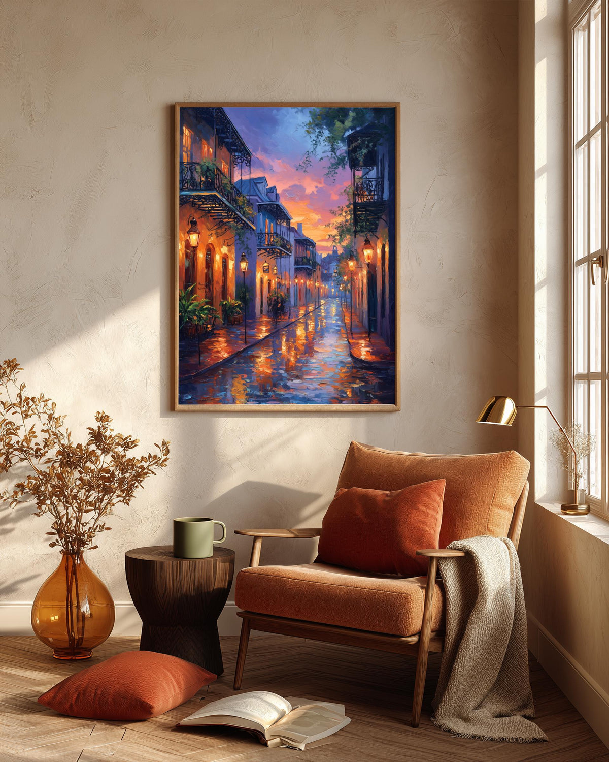 New Orleans night scene framed canvas in a solid wood frame, ready to hang