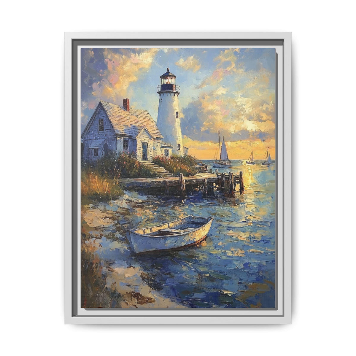 Nantucket wall art framed canvas print in a white wood frame