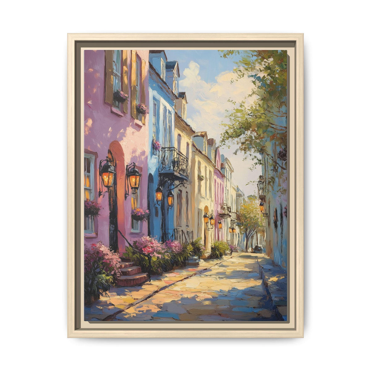 Charleston wall art framed canvas print in a natural wood frame