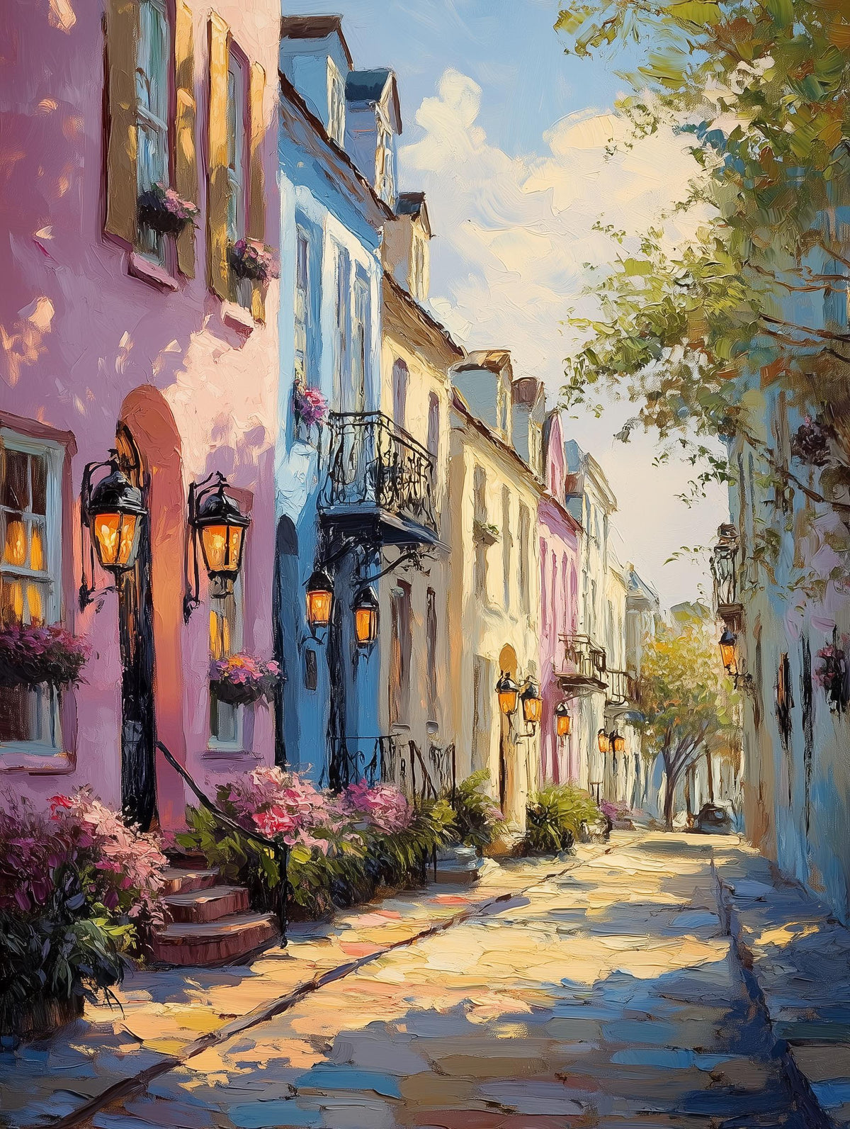 Painterly Charleston canvas print with gas lanterns lit along wrought-iron balconies