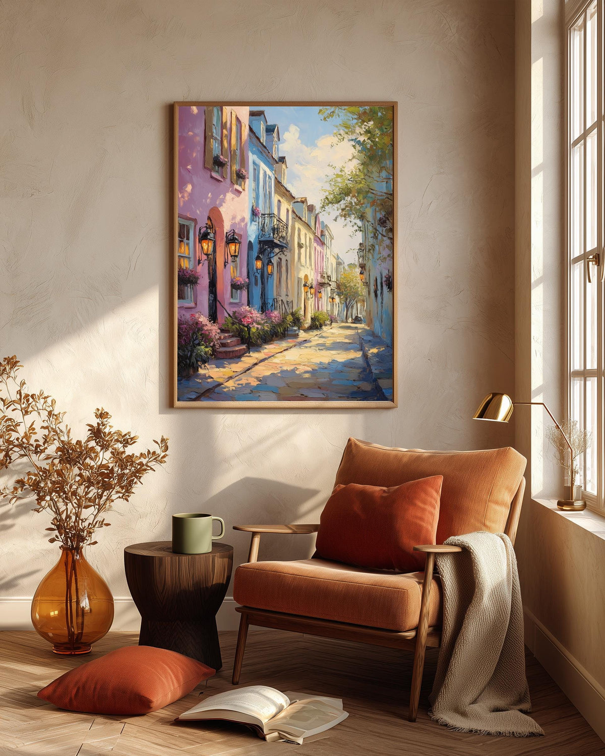 Historic street framed canvas art set in a solid wood frame, ready to hang
