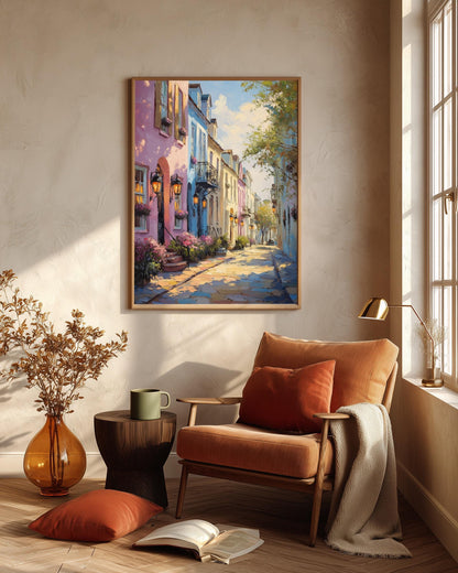 Historic street framed canvas art set in a solid wood frame, ready to hang