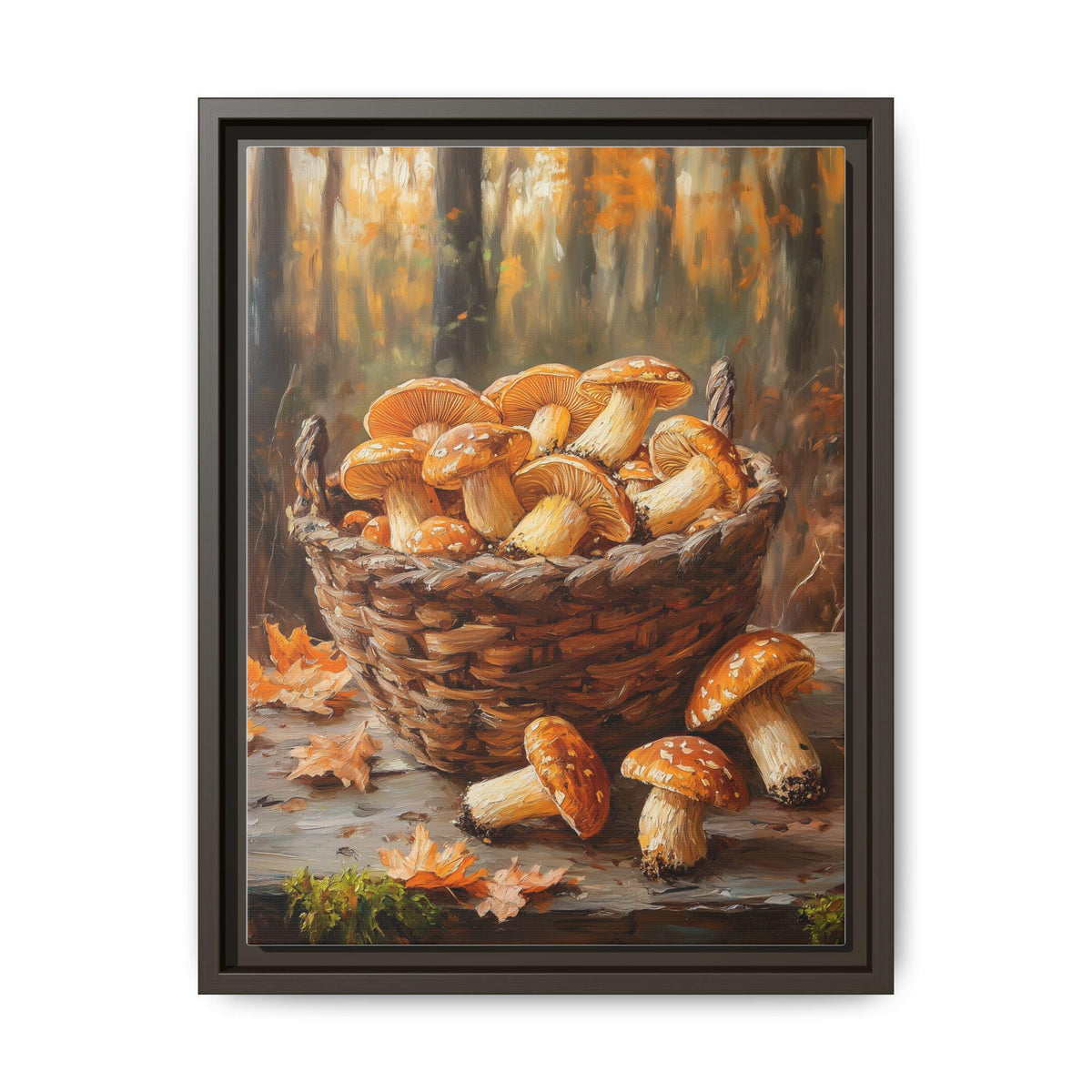 Mushroom wall art framed canvas print in an espresso wood frame