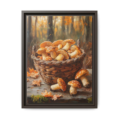 Mushroom wall art framed canvas print in an espresso wood frame