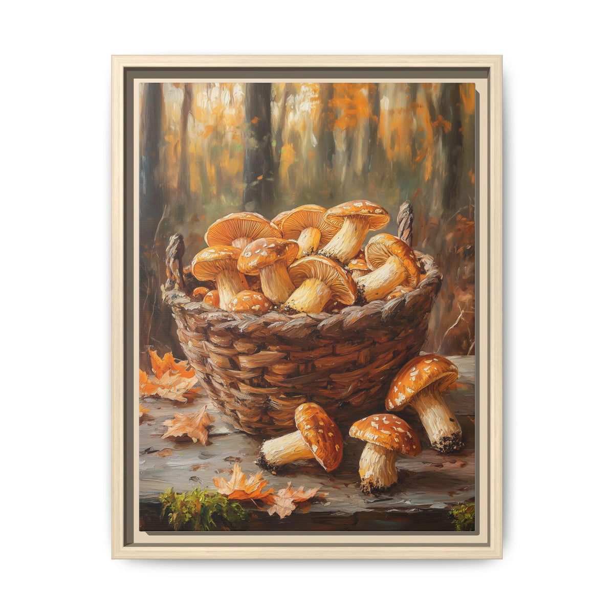 Mushroom wall art framed canvas print in a natural wood frame