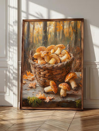 Mushroom wall art: golden chanterelles spilling from a woven basket, framed canvas print
