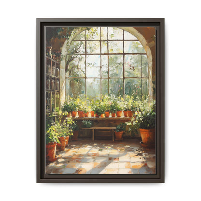 Greenhouse wall art framed canvas print in an espresso wood frame