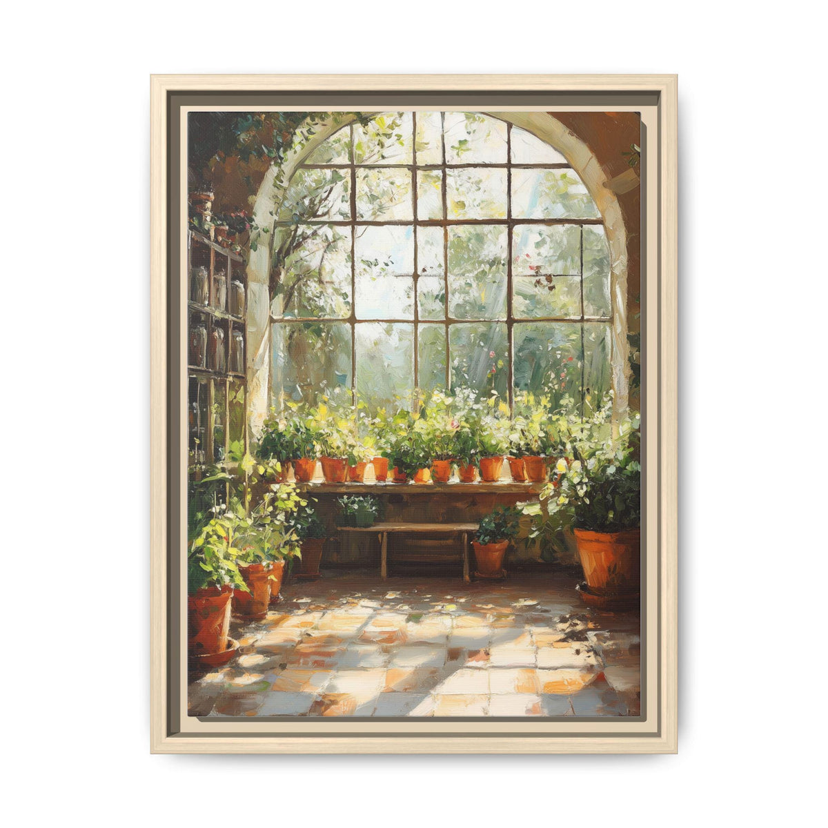 Greenhouse wall art framed canvas print in a natural wood frame