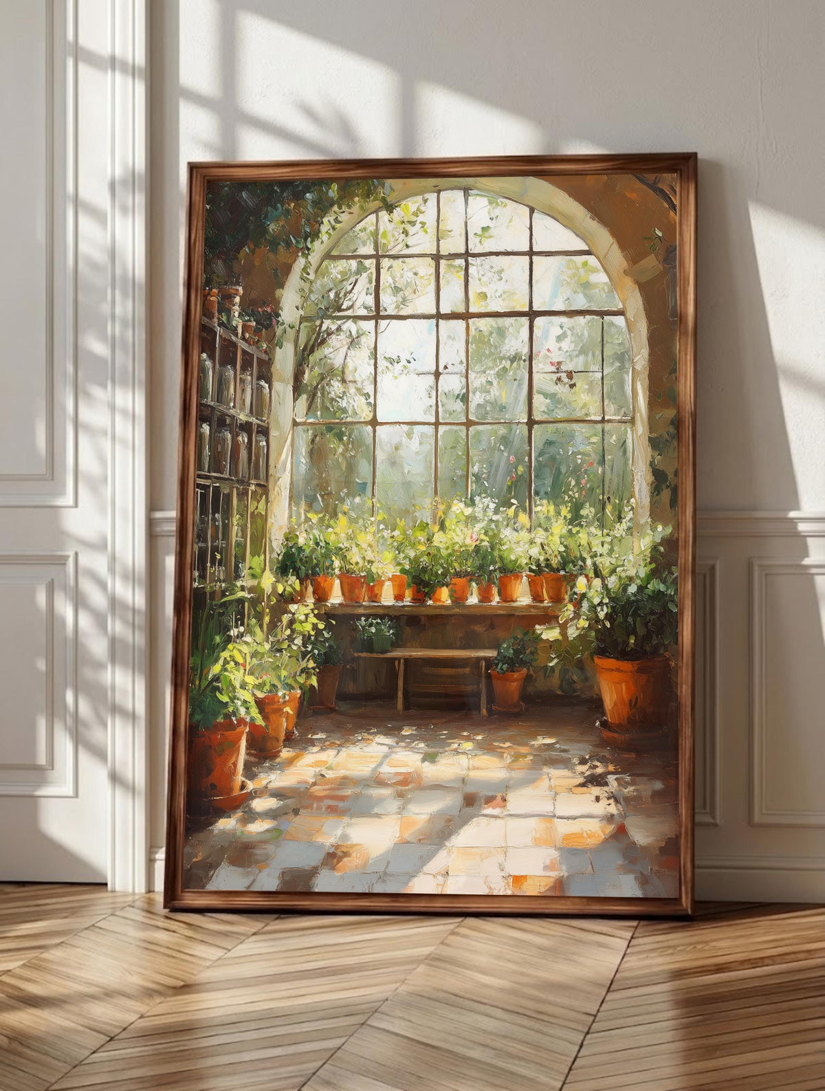Greenhouse wall art: terracotta pots crowding a weathered bench under arched glass