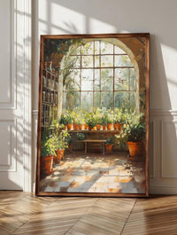 Greenhouse wall art: terracotta pots crowding a weathered bench under arched glass