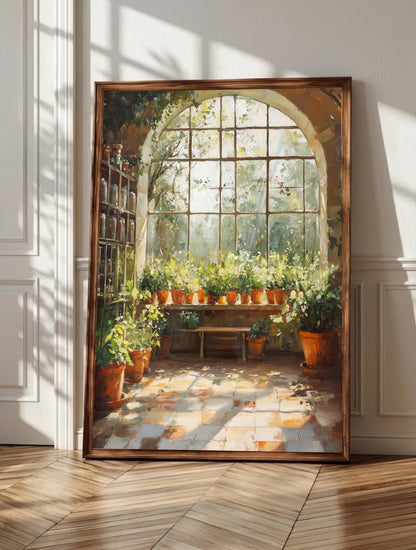 Greenhouse wall art: terracotta pots crowding a weathered bench under arched glass