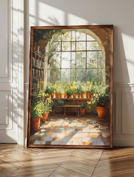 Greenhouse wall art: terracotta pots crowding a weathered bench under arched glass
