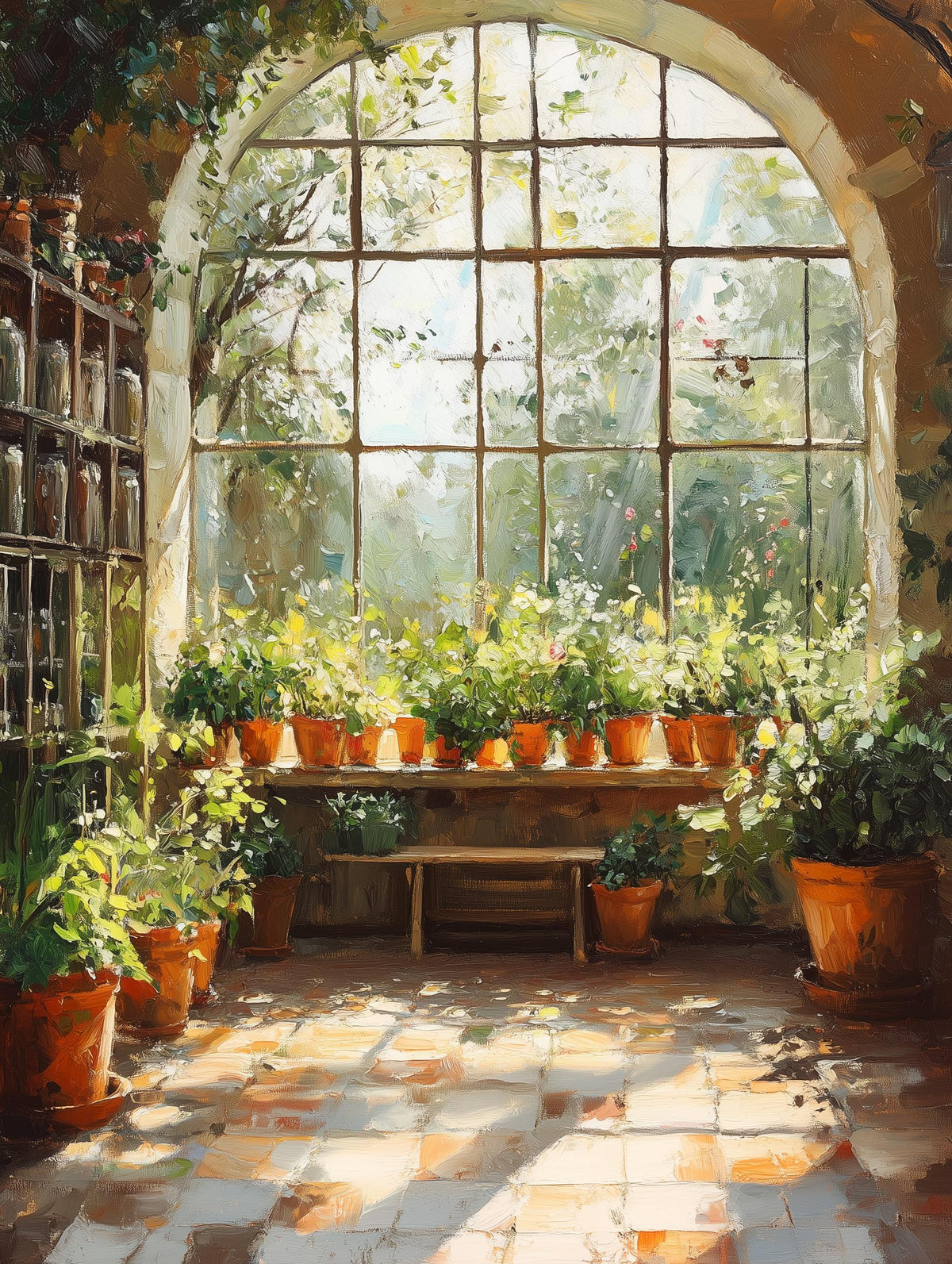 Painterly botanical canvas print of a Victorian glasshouse full of plants