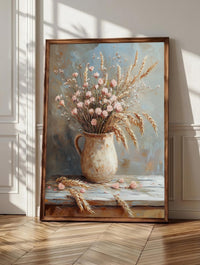 Dried flower wall art: wheat stalks, pampas and dusty-rose blooms in a rustic pitcher