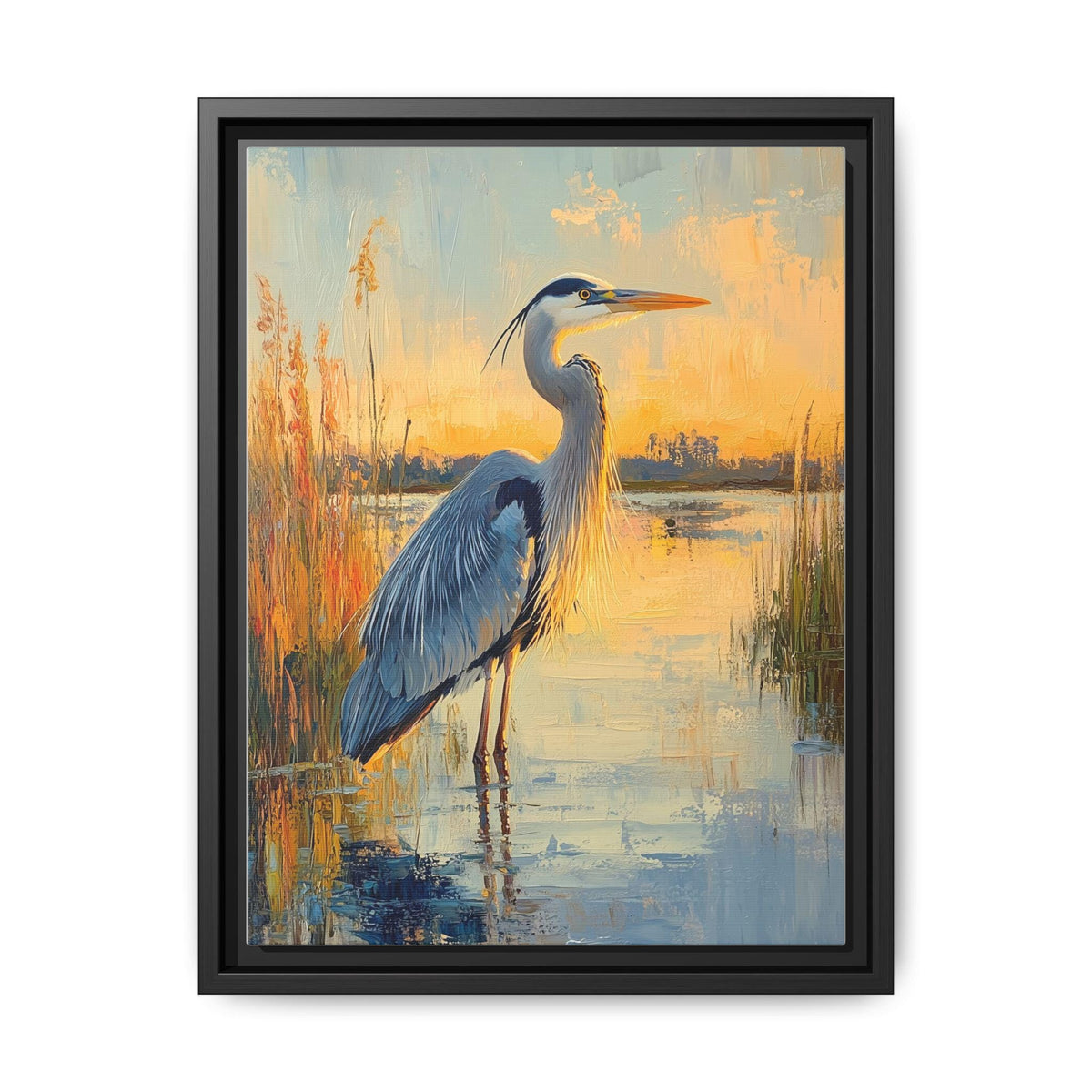 Blue Heron wall art framed canvas print in a black wood frame