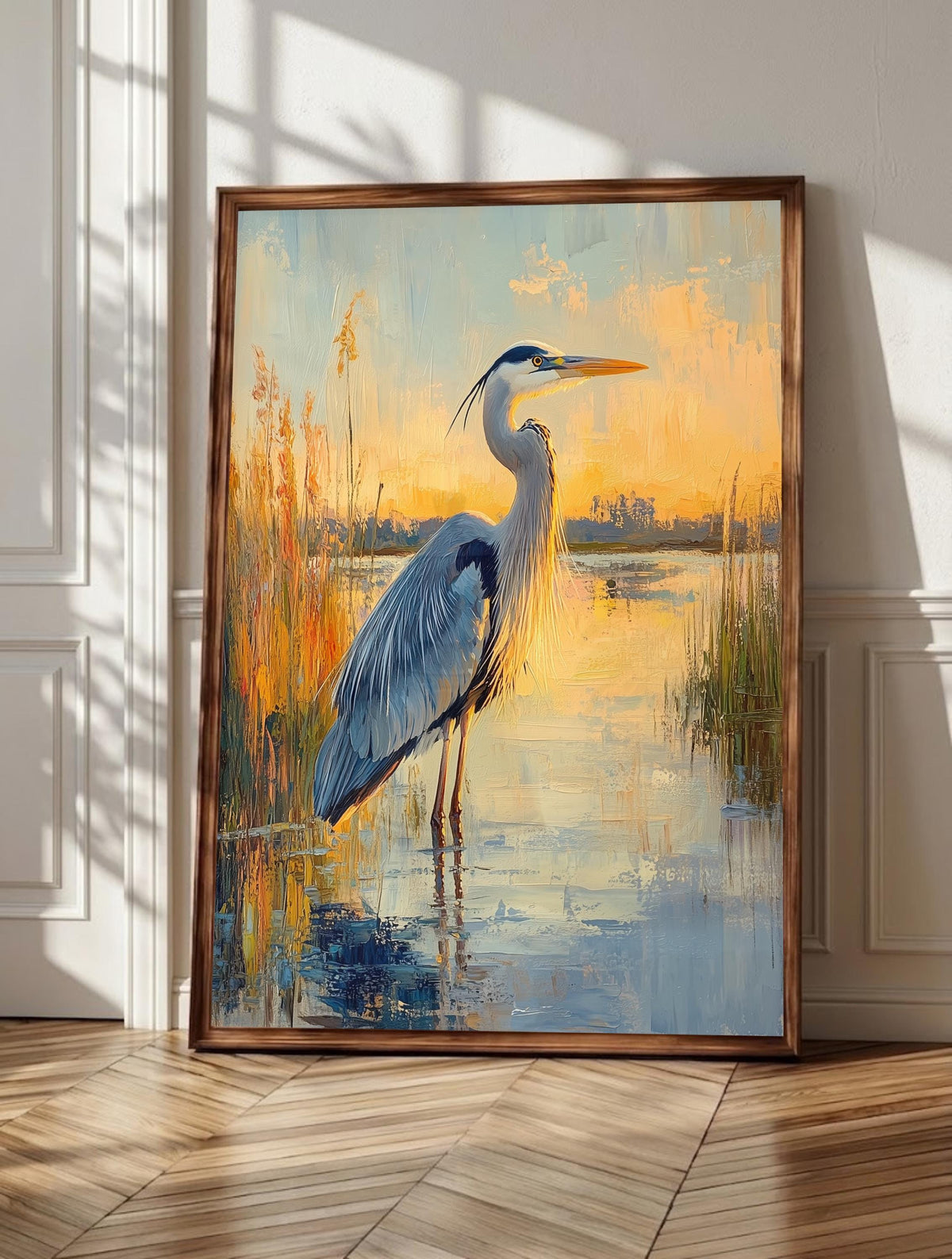 Blue heron wall art: a great blue heron standing still among tall golden reeds