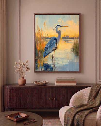 Oil-painting style wetland bird study at golden hour, made to order