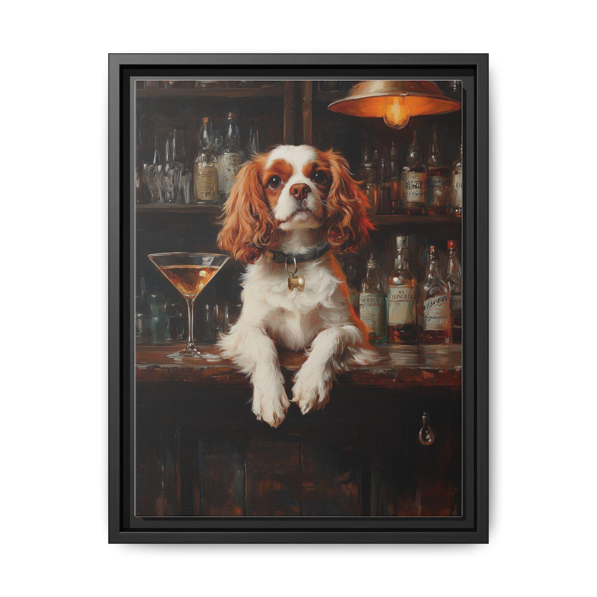 Cavalier King Charles wall art framed canvas print in a black wood frame