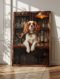 Cavalier King Charles wall art: a chestnut and white spaniel upright at a dark bar, framed canvas