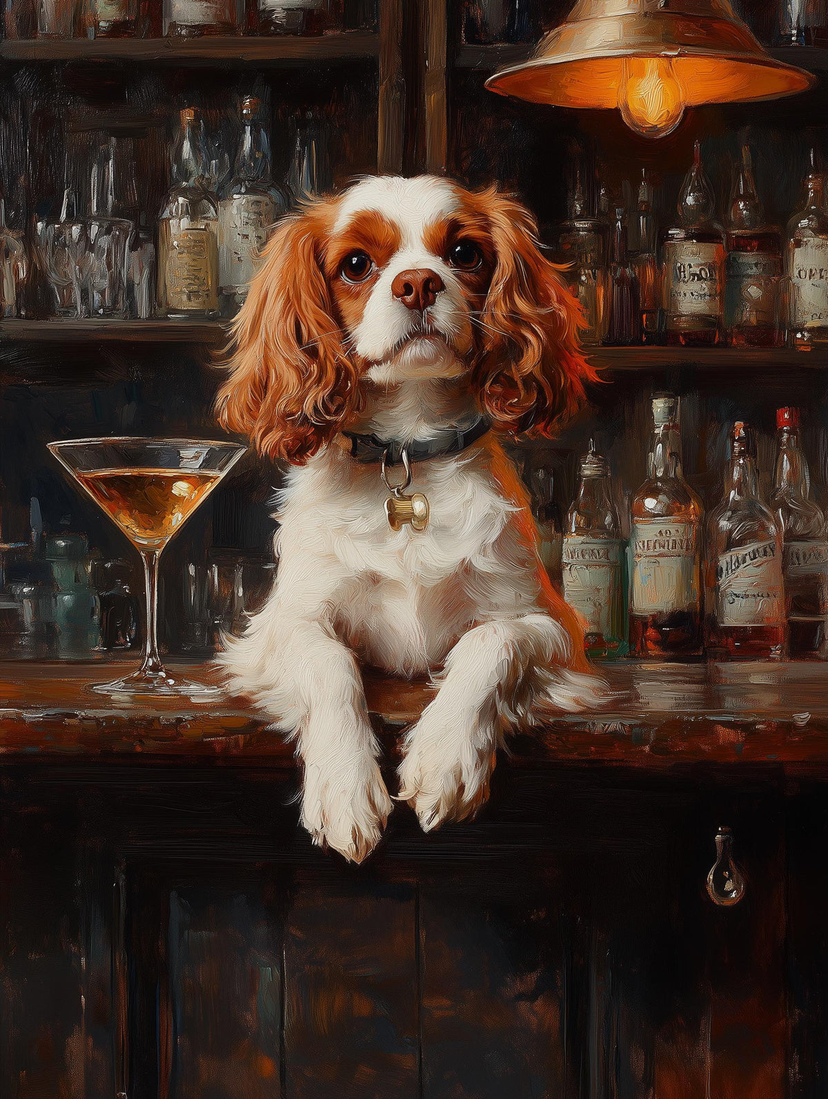Painterly Cavalier canvas print with a martini glass under warm pendant light
