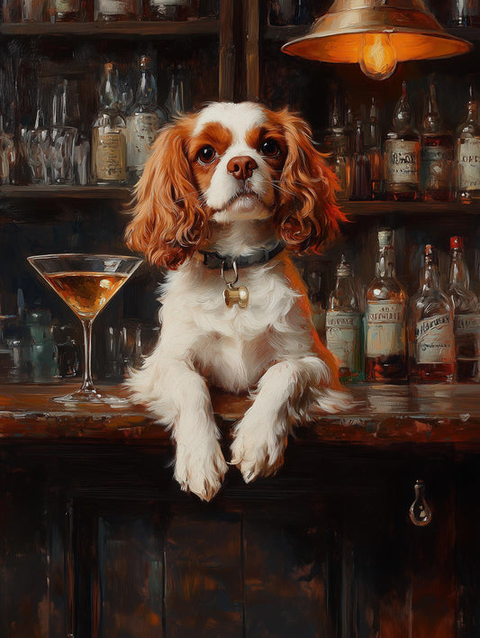 Painterly Cavalier canvas print with a martini glass under warm pendant light
