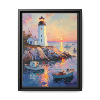 Lighthouse wall art framed canvas print in a black wood frame