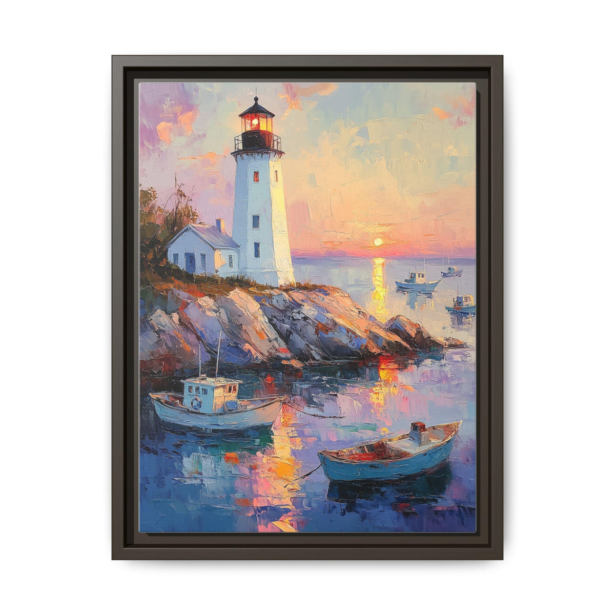 Lighthouse wall art framed canvas print in an espresso wood frame