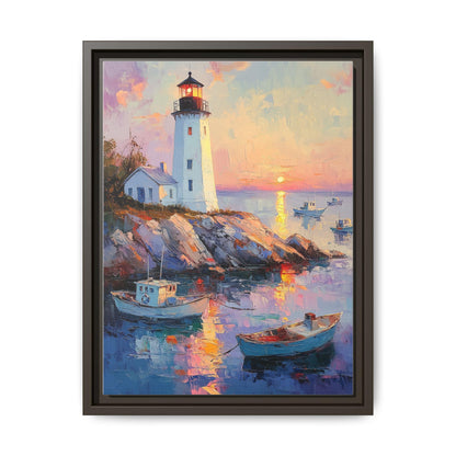 Lighthouse wall art framed canvas print in an espresso wood frame