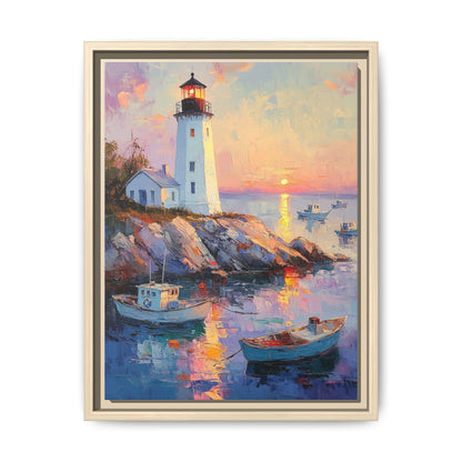 Lighthouse wall art framed canvas print in a natural wood frame