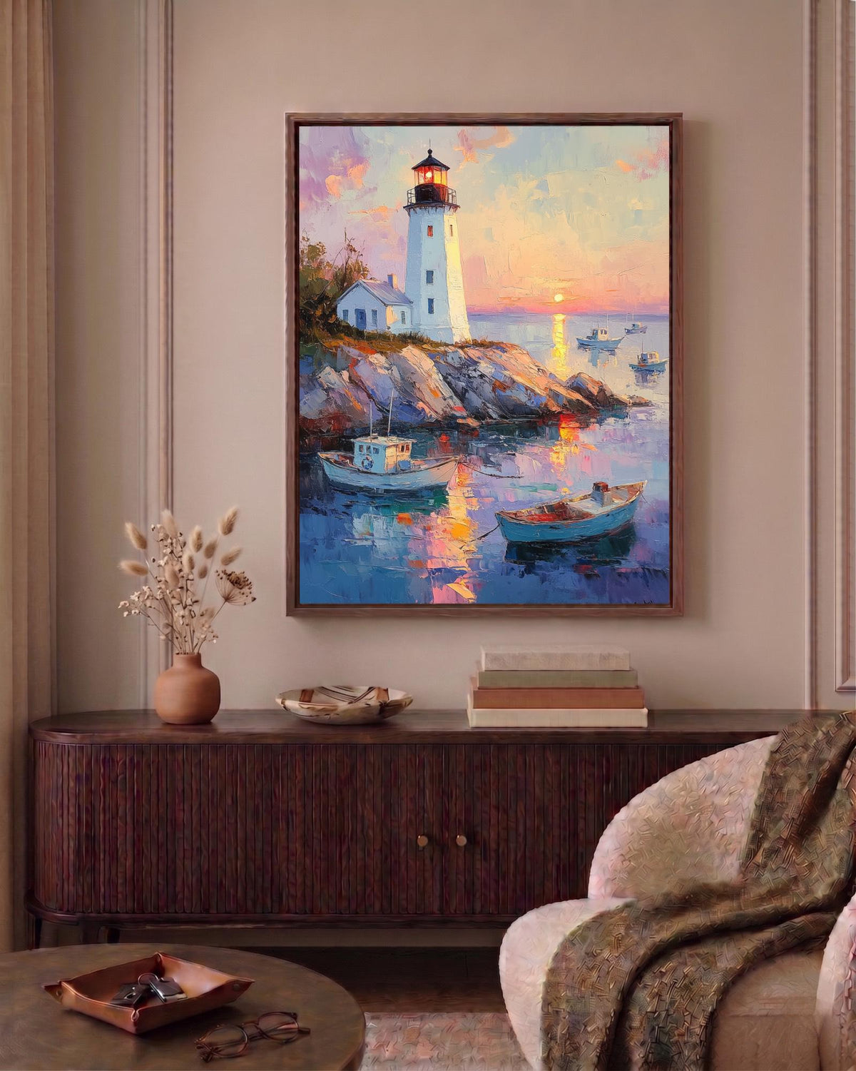 Painterly nautical seascape in soft dawn colors, made to order framed canvas