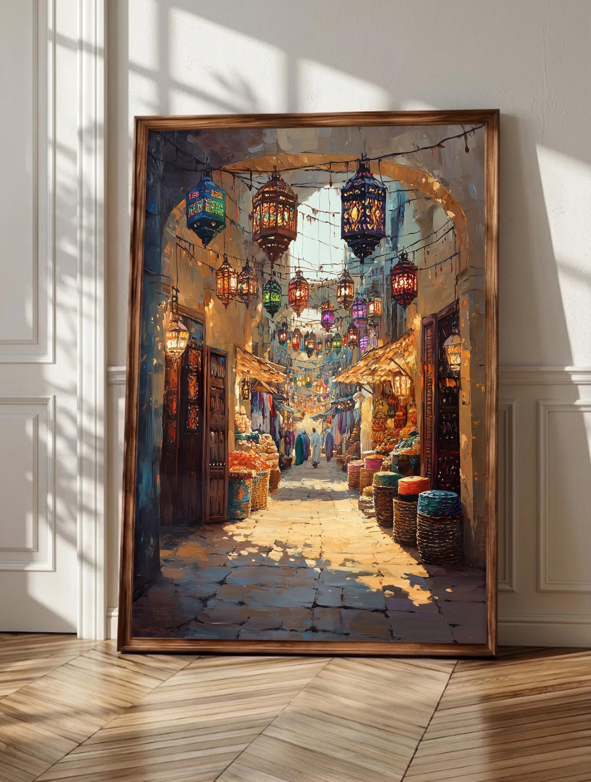 Souq Waqif wall art: lanterns glowing over a stone market path lined with woven baskets