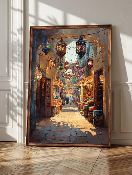 Souq Waqif wall art: lanterns glowing over a stone market path lined with woven baskets
