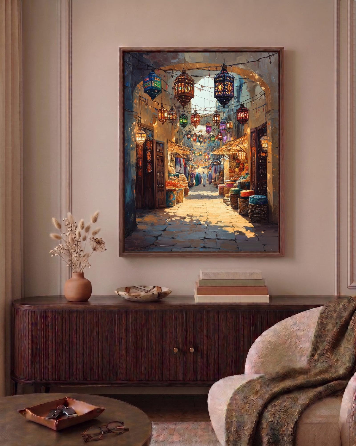 Oil-painting style Qatari marketplace in amber lantern light, made to order