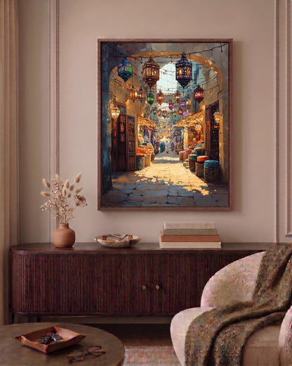 Oil-painting style Qatari marketplace in amber lantern light, made to order