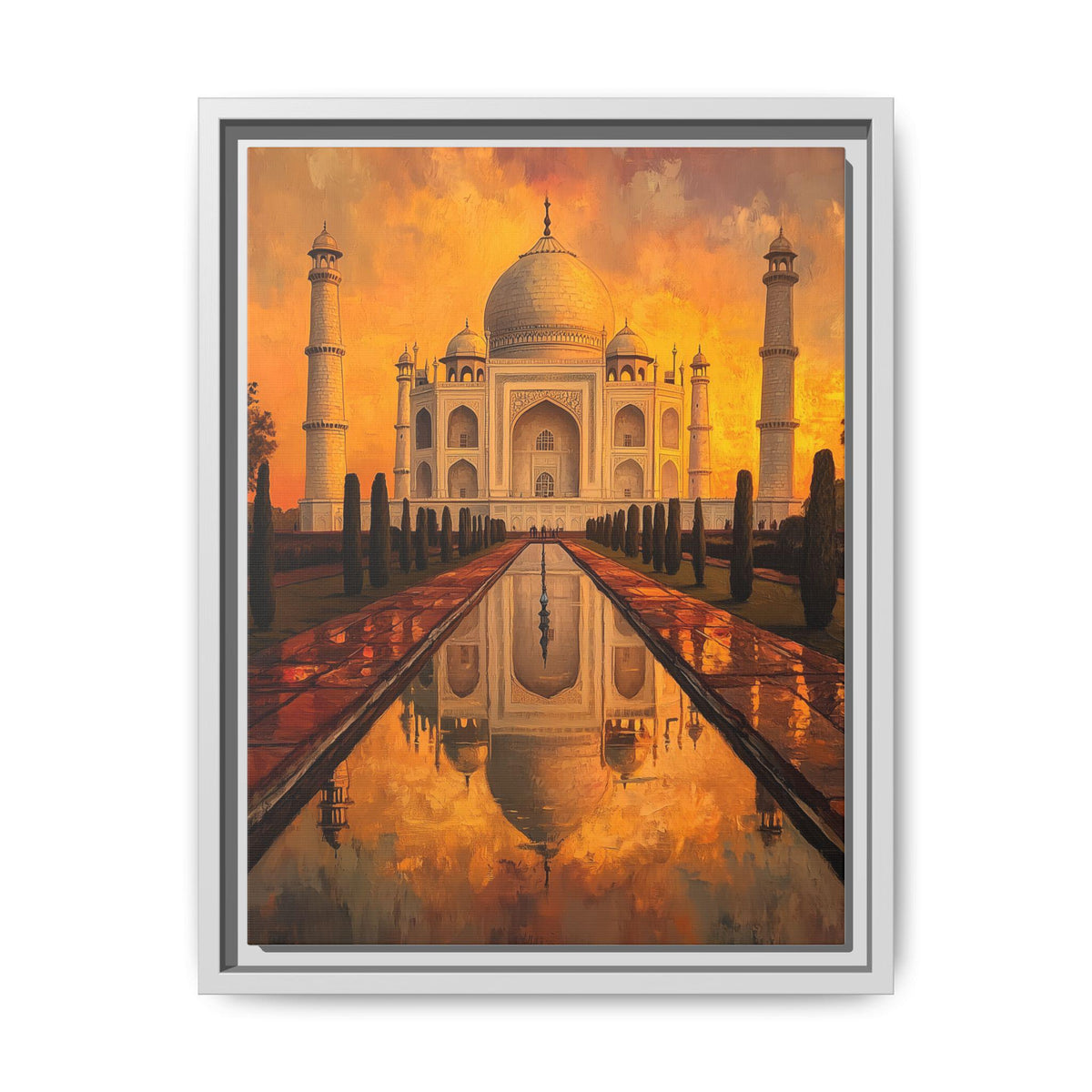Taj Mahal wall art framed canvas print in a white wood frame