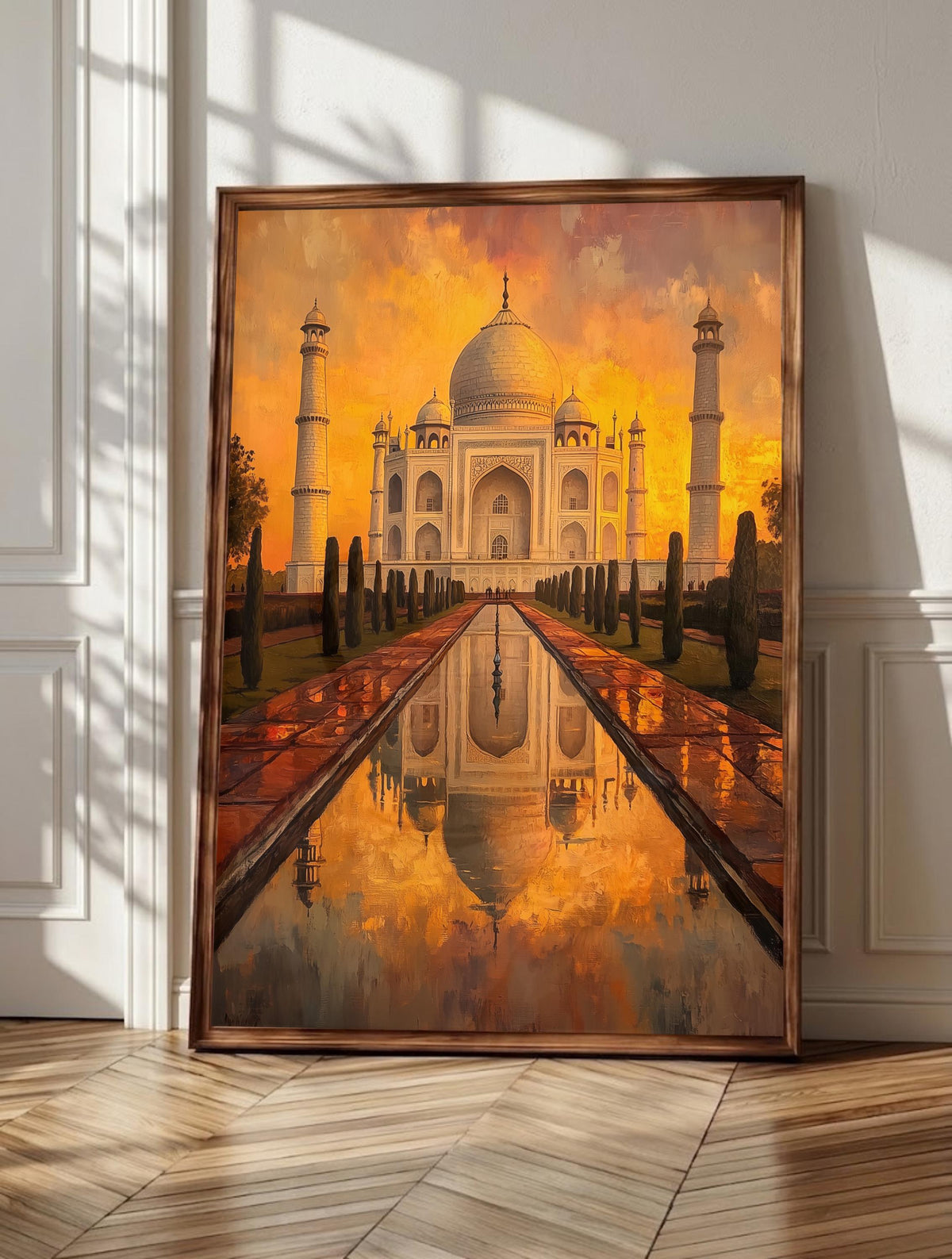 Taj Mahal wall art: the marble dome and minarets mirrored in the garden pool