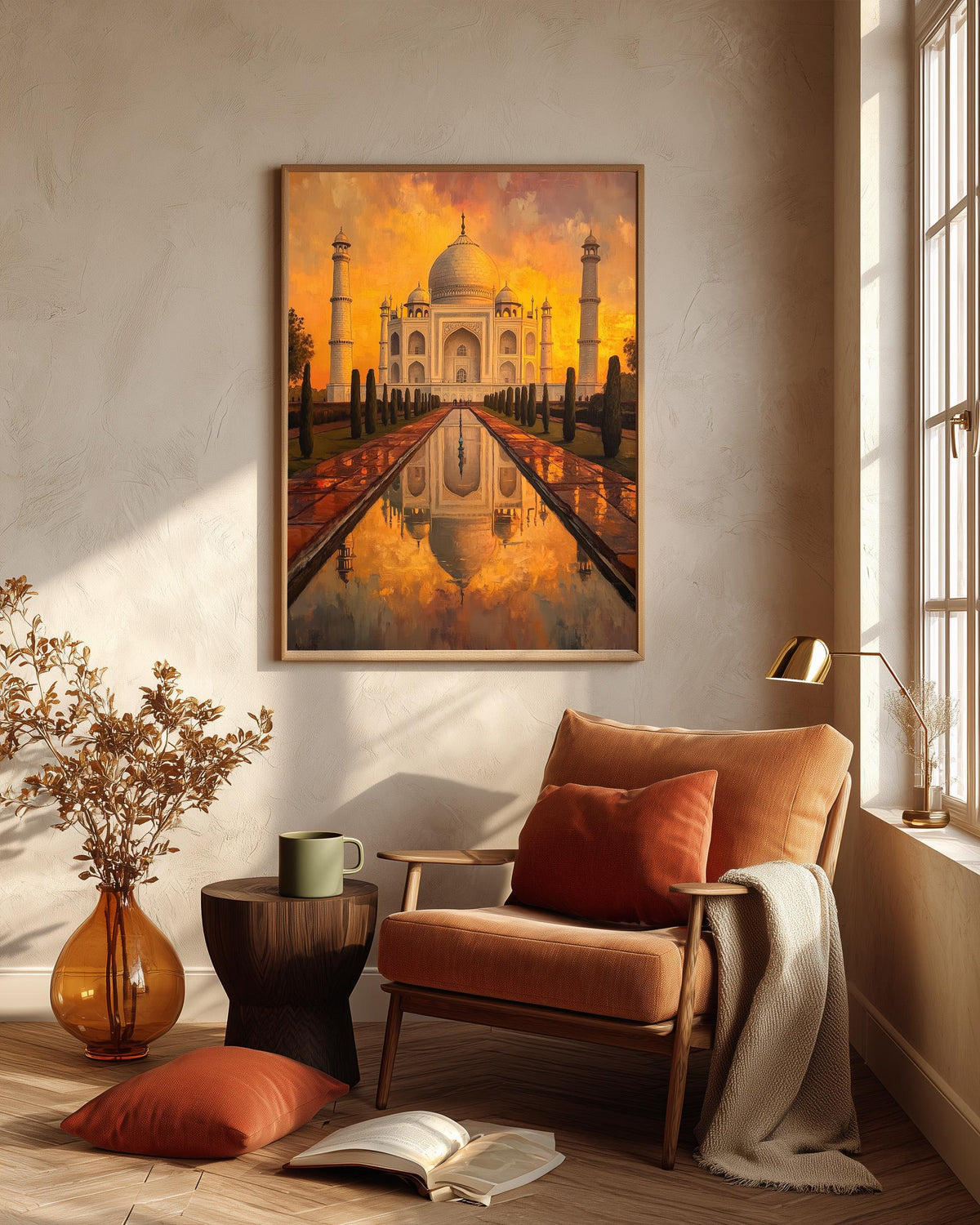 Taj Mahal framed canvas in a handmade solid wood frame, ready to hang