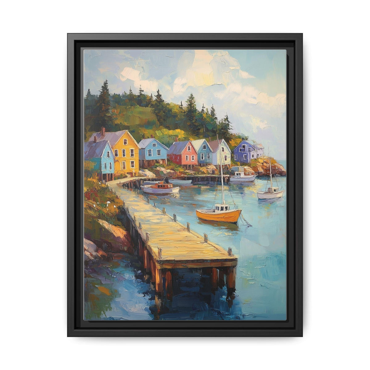 Bar Harbor wall art framed canvas print in a black wood frame