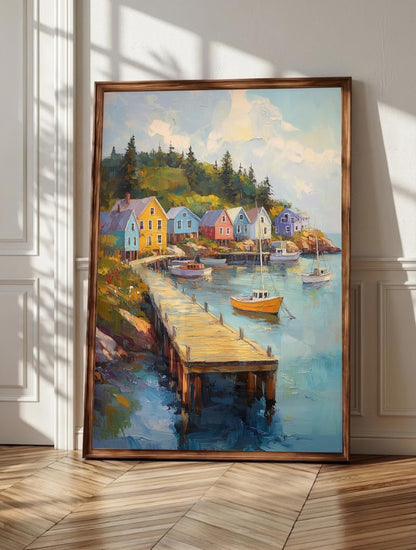 Bar Harbor wall art: yellow, blue and pink cottages on the Maine waterfront, framed canvas