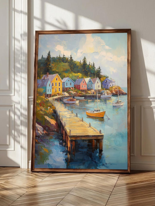 Bar Harbor wall art: yellow, blue and pink cottages on the Maine waterfront, framed canvas