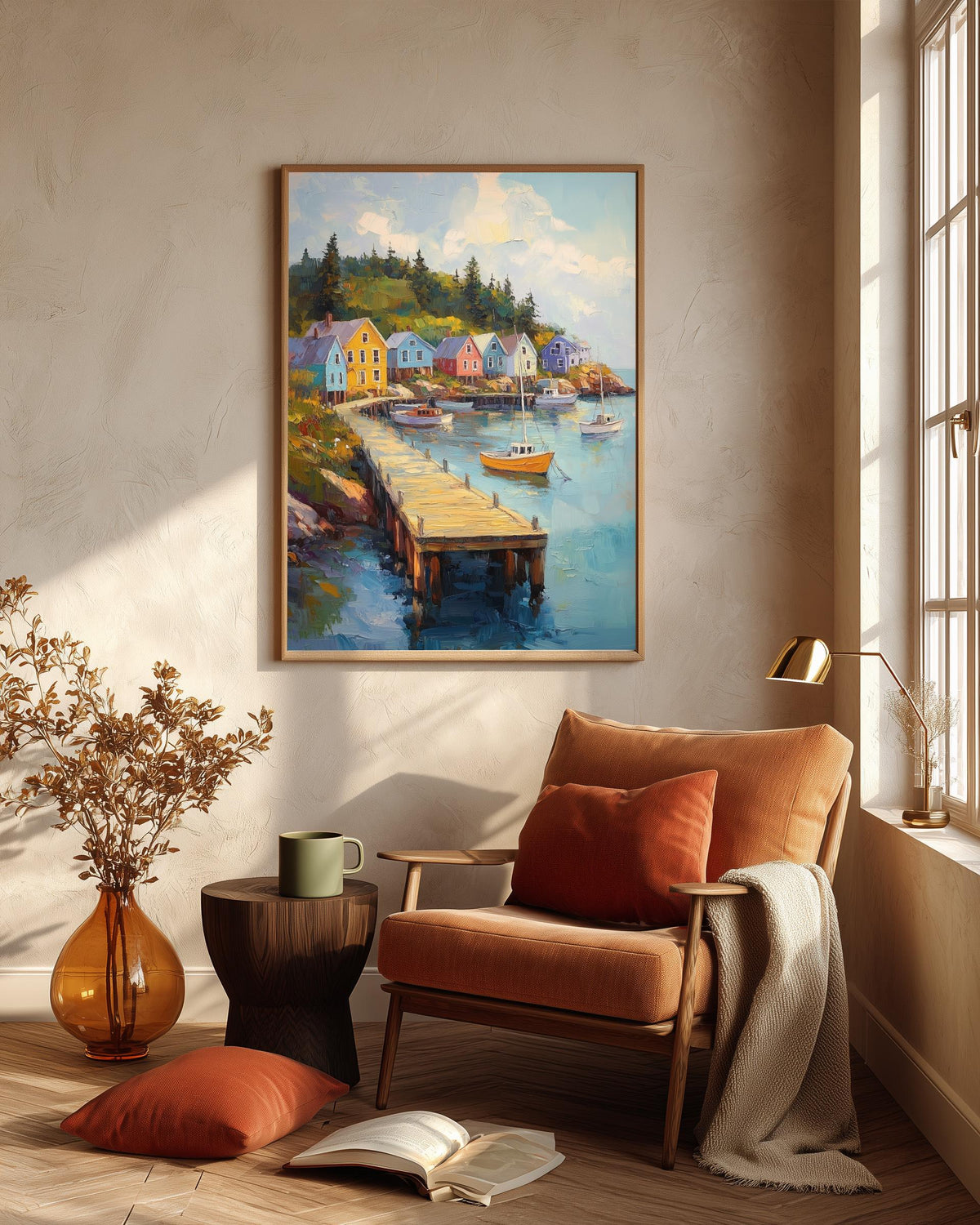 Coastal harbor framed canvas art set in a solid wood frame, ready to hang