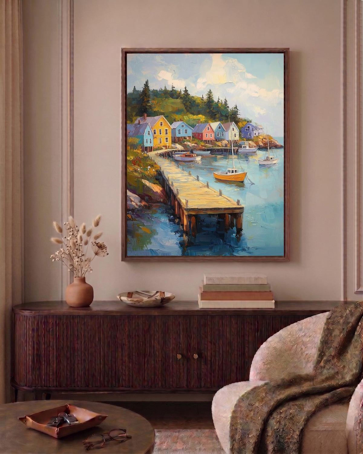 Oil-painting style Bar Harbor view printed on cotton canvas, made to order