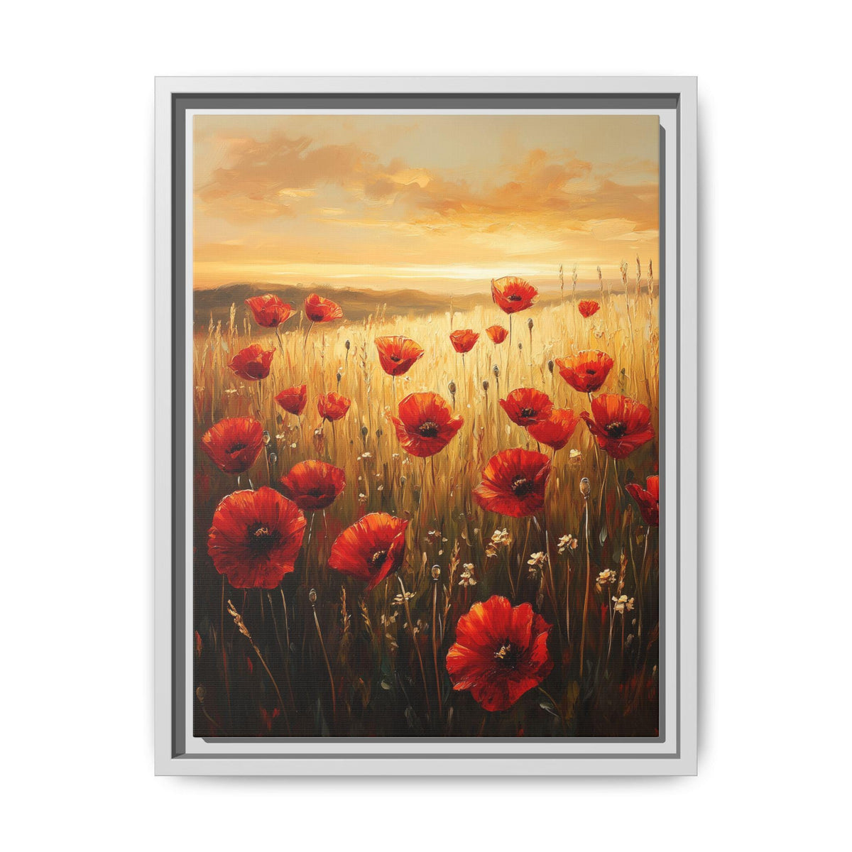 Poppy Field wall art framed canvas print in a white wood frame